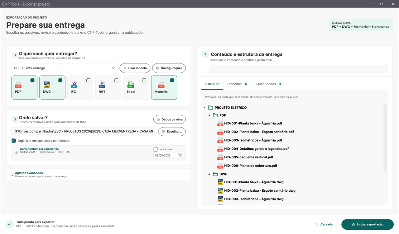 Central de Exportação com os ícones originais coloridos dos formatos e as configurações de entrega