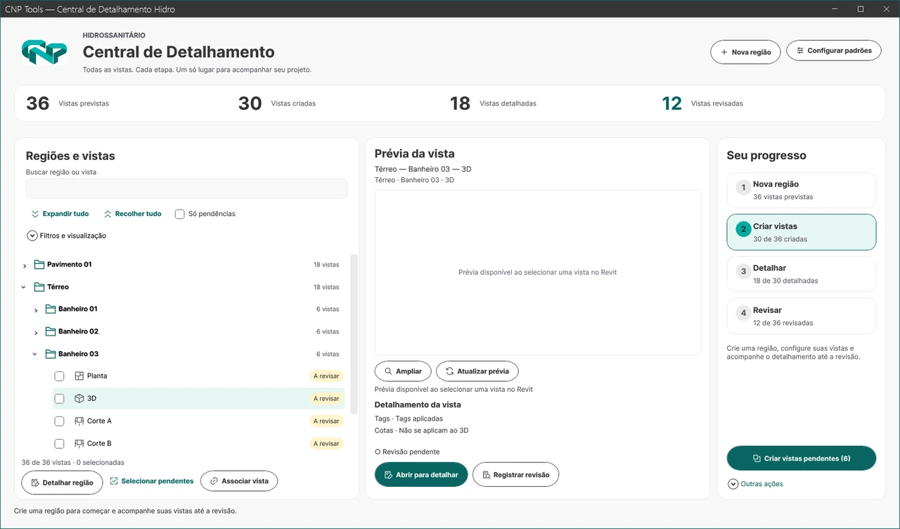 Central de Detalhamento Hidro com árvore de regiões e vistas e acompanhamento das etapas