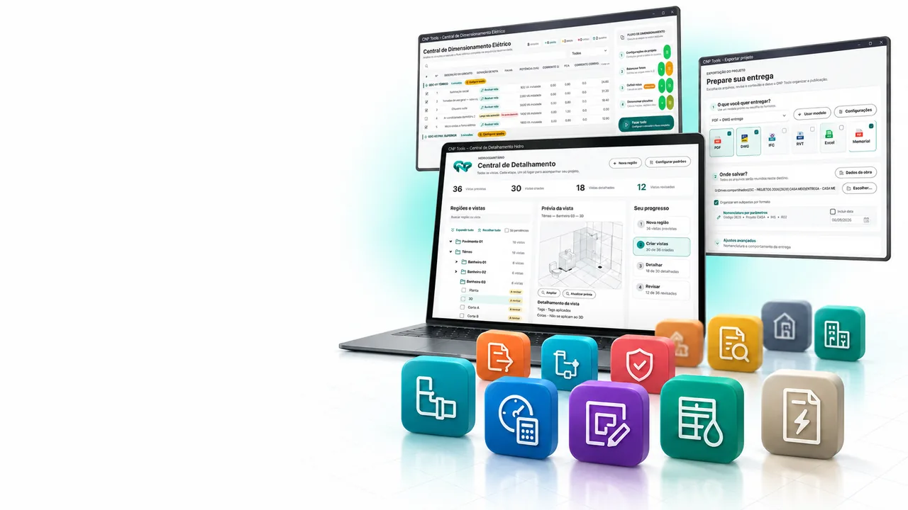 Composição ilustrativa do CNP Tools com as centrais de detalhamento hidro, dimensionamento elétrico e exportação, acompanhadas dos ícones do plugin