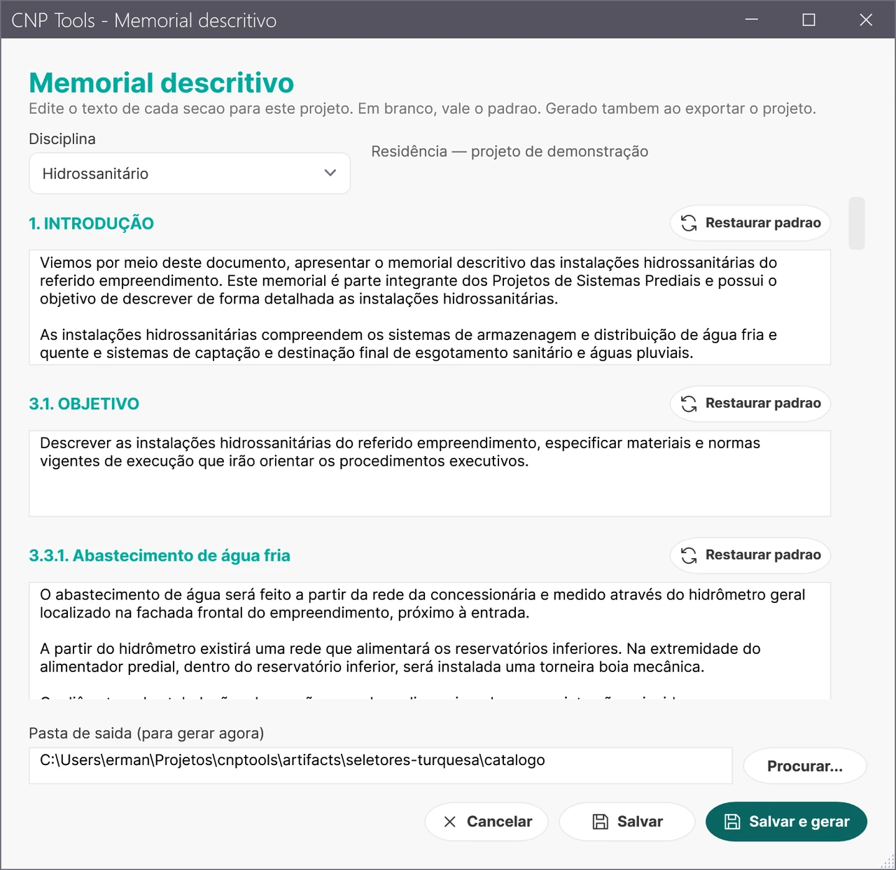 Editor de memorial descritivo hidrossanitário com seções de introdução, objetivo e abastecimento de água fria