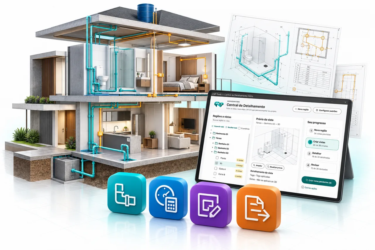 Ilustração de um projeto residencial BIM, com instalações, documentação e ferramentas CNP Tools